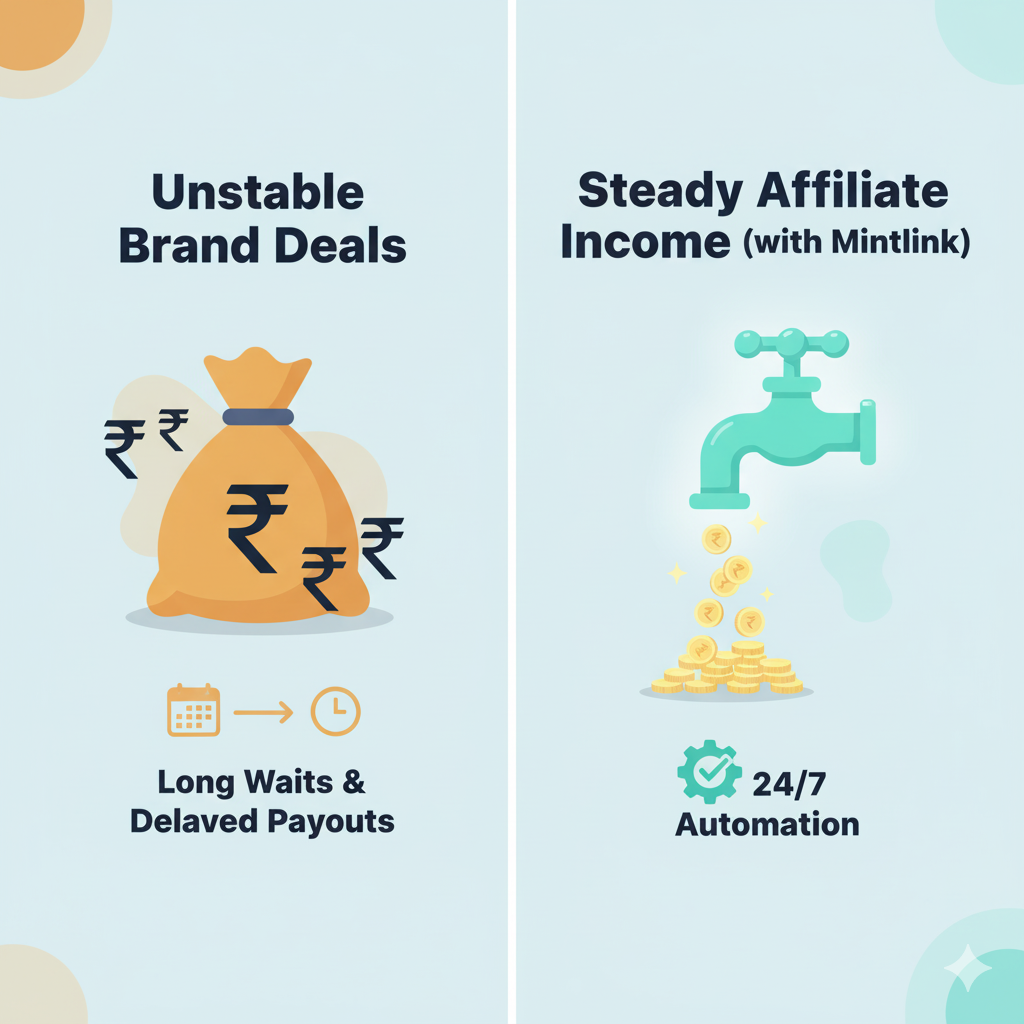Graphic comparing unstable brand deals vs. steady affiliate marketing income for micro-influencers