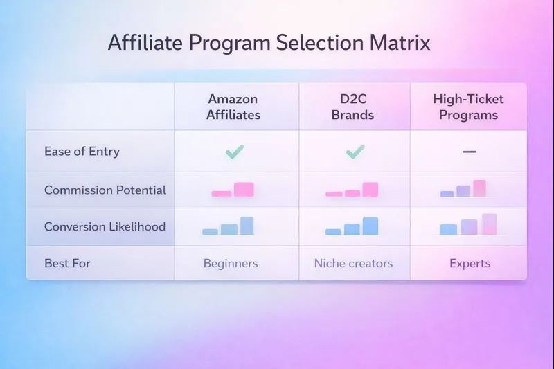 Comparison of Amazon, D2C, and high-ticket affiliate programs based on payouts and conversions